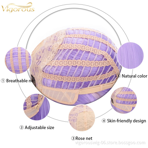 Vigorous Short Straight Bob Wig with Bangs Natural Looking Heat Resistant Hair Costume Wig Cosplay Wig Purple Color
